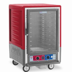 The Metro C535-CLFC-U C5 3 Series is a red insulated holding/proofing cabinet with a full-length clear door and universal wire slides. It operates on 120V, 60Hz power, ensuring mobility with control knobs placed conveniently below the door.