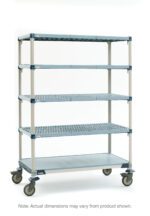 The MetroMax Q 5Q557EG3, a five-shelf mobile cart with a solid bottom shelf and dimensions of 24 x 48 x 80, is shown against a white background. Note: Actual dimensions may vary.