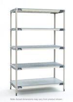 The MetroMax i 5X517HX3 5-Shelf Plastic Industrial Shelving Starter Unit has a solid bottom shelf with adjustable feet and a minimalist design. Note: actual dimensions may slightly vary from the listed 24 x 24 x 74.