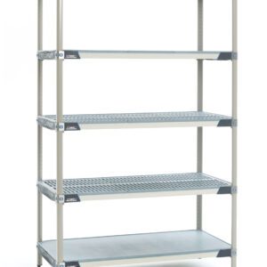 The MetroMax i 5X517HX3 5-Shelf Plastic Industrial Shelving Starter Unit has a solid bottom shelf with adjustable feet and a minimalist design. Note: actual dimensions may slightly vary from the listed 24 x 24 x 74.