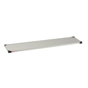 A rectangular, flat, translucent glass shelf with black corner brackets and a thin frame designed to mimic the sleek look of the 18 x 72 Metro 1872FS Super Erecta Solid Shelf in stainless steel is positioned horizontally against a plain white background.