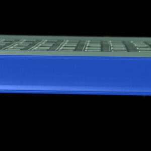 A close-up of a keyboard shows a blue overlay on the spacebar, similar to a Metro CSM6-BQ Color Shelf Marker for Super Erecta Pro and MetroMax Q Shelving. The keys pop against the black background, highlighting the tech-inspired design.