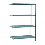 The Metro PR-217274K3-A-4 Shelving Add-On Unit, 21 x 72 x 74, includes four green wire shelves with removable plastic mats and sturdy poles, ideal for efficient organization in any space.