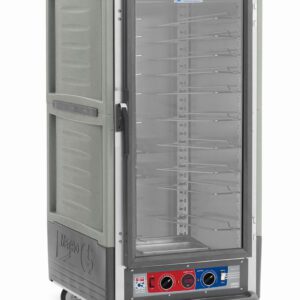 The Metro C537-CLFC-U-GY C5 3 Series Insulated Holding/Proofing Cabinet, 3/4 height in gray, has a full-length clear door, universal wire slides, a bottom control panel with red and blue knobs for settings, and wheels for easy mobility. Its powered by 120V, 60Hz at 1440W.
