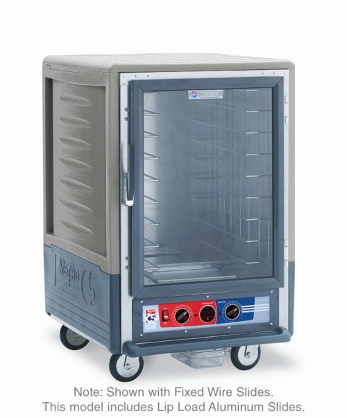 The Metro C535-MXFC-L-GY C5 3 Series Insulated Moisture Heated Holding/Proofing Cabinet, with a full-length clear door and Lip Load Aluminum Slides, is mounted on wheels for easy mobility. It operates at 220-240V and 50/60Hz, making it an excellent choice for any kitchen.