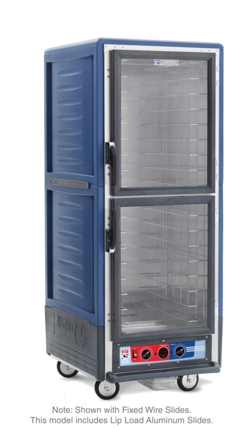 The Metro C539-MDC-L-BU is a full-height insulated moisture heated holding cabinet in blue with Dutch clear doors and lip load aluminum slides. It runs on 120V, includes adjustable shelves, control knobs at the bottom, and features enhanced mobility with four wheels beneath.