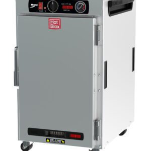 The Metro HBCN8-AS-UC HotBlox 8-Pan Insulated Undercounter Holding Cabinet in silver and white features a solid front door, temperature gauge, analog controller, side handles, vents, and four wheels for easy mobility. It operates on 120V with a NEMA 5-15P plug.