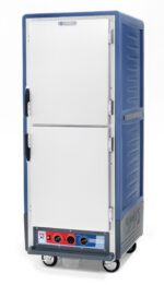 The Metro C539-MDS-4-BU Cabinet is a full-height, blue commercial appliance on wheels, featuring solid Dutch doors and bottom control knobs. Ideal for food storage or warming, it operates at 120V with fixed wire slides, combining industrial style and practicality.