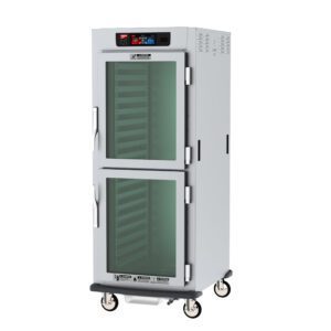 The Metro C599L-SDC-L C5 9 Series Heated Cabinet is full-height with Dutch clear doors and features a top control panel with digital settings. It has lip load aluminum slides for trays, runs on 60Hz, is mounted on caster wheels for mobility, and operates at 120V with 1440W.