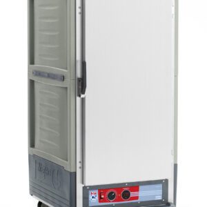 The Metro C537-HXFS-U-GYA C5 3 Series Insulated Holding Cabinet is a gray, 3/4 height mobile food warming unit featuring a full-length solid door, universal wire slides, and efficient heat retention. It operates at 220-240V and can use between 1681-2000W.