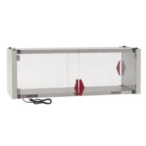 The Metro HS1448-EKIT features a transparent rectangular design with sliding glass doors and red handles. It measures 48.7 x 17.7 x 17.4 and includes a stainless steel heated shelf powered by a 120V cord, offering a sleek metallic frame for efficient heating.