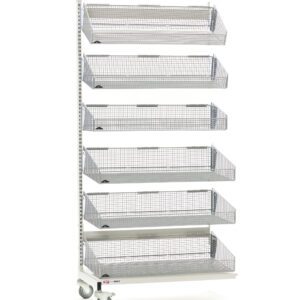 The Metro QB148-M6A qwikSIGHT Mobile Single-Sided Shelving Add-On Unit offers a metal rack with six vertically mounted mesh wire baskets. The 48 L unit is on wheels for easy mobility. Note: Actual dimensions may vary from product shown.