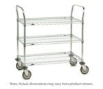 The Metro 3SPN33DC SP Series Utility Cart has three chrome wire shelves and measures 18 x 36 x 39, featuring four large caster wheels and two handlebars. Note: Actual dimensions may vary.