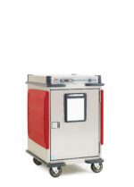 The Metro C5T5X-DSL C5 T-Series Heated Transport Cabinet features a stainless steel body, red side panels, four caster wheels, and a front door with handle beneath the display. Its 1/2 height with adjustable lip load slides and runs on 220-240V, ideal for any kitchen.
