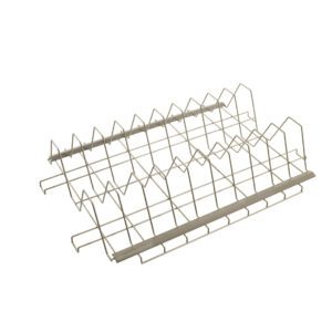 The Metro XTR2436XEA Tray Drying Rack, ideal for 24 x 36 shelving, features 3 spacing and evenly spaced vertical dividers. Its silver wire design is minimalist and set against a white background.