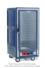 The Metro C537-CXFC-L-BU C5 3 Series Insulated Holding/Proofing Cabinet features a 3/4 height design, full-length clear door, and blue finish. Its wheels offer mobility while the control panel ensures precise operation with lip load aluminum slides inside.