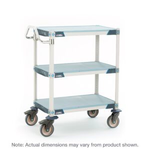 The MetroMax i MXUC2436F-35L utility cart, measuring 24W x 36L x 39.25H, boasts a sturdy metal frame and blue plastic shelves. Its practical design includes solid shelf mats, four large wheels, and a convenient handle. Note: Actual dimensions may vary from those shown.