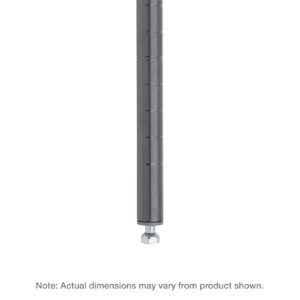 Close-up of a dark cylindrical object with metal bands, similar to the Metro 86P-DSG Super Erecta SiteSelect Industrial Wire Shelving Post, featuring an adjustable round metal base, standing at 86 H in smoked glass. Note: Actual dimensions may vary from product shown.