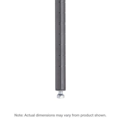 Close-up of a dark cylindrical object with metal bands, similar to the Metro 86P-DSG Super Erecta SiteSelect Industrial Wire Shelving Post, featuring an adjustable round metal base, standing at 86 H in smoked glass. Note: Actual dimensions may vary from product shown.