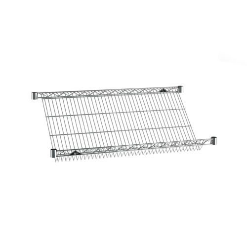 The Metro 1836DNC Super Erecta Slanted Shelf, 18 x 36, is a sleek dish rack with horizontal bars for drying plates. It includes mounting brackets for wall installation, offering a space-efficient kitchen solution.