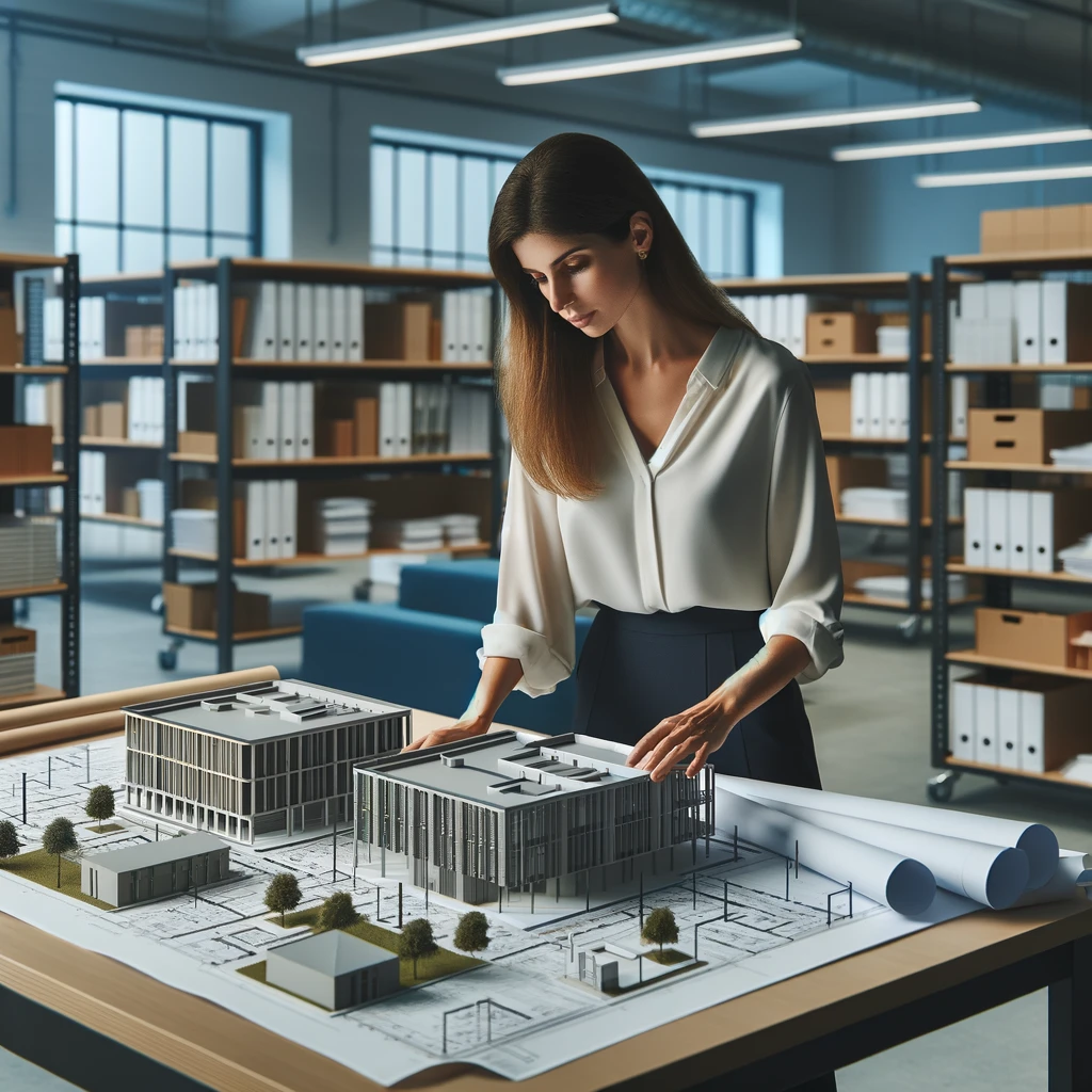 A woman in a professional setting examines a detailed architectural model of a modern building on a table with blueprints. She is surrounded by mobile shelving filled with files and documents in a well-lit Utah office space.