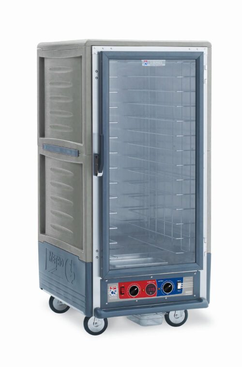 The Metro C537-CLFC-4-GY is a 3/4 height gray insulated holding/proofing cabinet with a full-length clear door, fixed wire slides, and control knobs at the bottom front. It features multiple interior shelves and four wheels for easy mobility, operating at 120V, 60Hz, and 1440W.