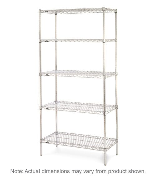 The Metro 5N457BR Super Erecta Industrial Wire Shelving Unit features five sturdy shelves, measures 21 x 48 x 74, and has a durable Brite finish. Note: Actual dimensions may vary.