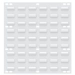 The Metro MB1819LWP Louvered Wall Panel (18 x 19) boasts a white metal surface with horizontal slots and four oval cutouts, offering a sleek, modern industrial look.