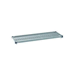 The MetroMax Q MQ1854G Plastic Industrial Shelf features a metallic gray grid mat on an 18 x 54 platform. Small corner legs support the shelf, ideal for heavy-duty, industrial, or outdoor use.