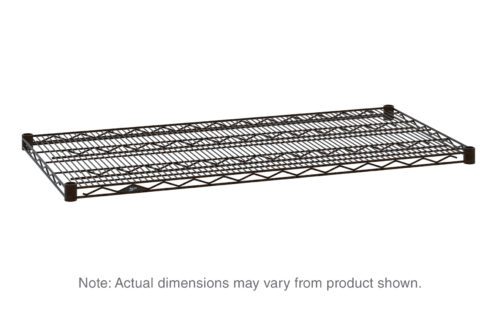 A black metal wire shelf, the Metro Super Erecta 2424N-DCH Industrial Wire Shelf in Copper Hammertone, is shown on a plain white background with text noting that the actual dimensions of this 24 x 24 shelf may differ from the product displayed.