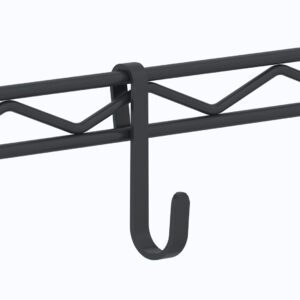 The Metro HK23B Super Erecta Small Snap-On Hook in black hangs from a wire rack, its simple curved design harmonizing with the zigzag pattern of intersecting wires on a light gray background.