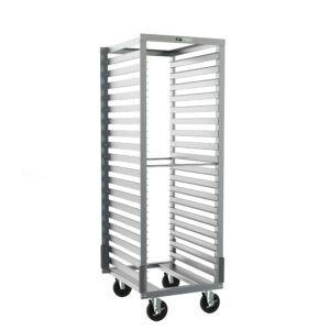The Metro RF13NA37 Roll-In Refrigerator Pan Rack features a 21.75 x 27 x 64.75 metal design, gray corner bumpers, and four black wheels for mobility. It has multiple bars with a 1.5 slide spacing for space efficiency.