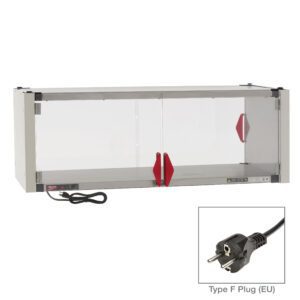 The Metro HSX1848-EKIT-EU features a stainless steel heated shelf with thermostat controls and power indicator, sliding glass doors with red handles, and operates at 220-240V. Its powered by a Type F EU plug, as shown in the inset image. Dimensions: 48.7 x 21.7 x 17.4.