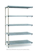 The MetroMax Q 5AQ447G3 Shelving Add-On Unit, featuring five blue perforated shelves and silver support beams, measures approximately 21 x 42 x 74, with slight dimensional variations possible.