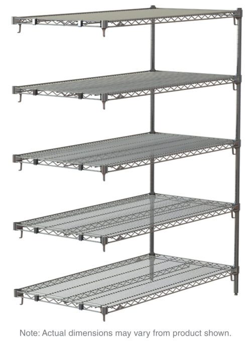 The Metro Super Adjustable Super Erecta 5AA537C Add-On Unit is a 24 x 36 x 74 chrome industrial wire shelving unit with five adjustable shelves. Its minimalist, open-sided design includes a note that dimensions may vary.