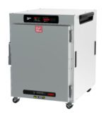 The Metro HBCW8-DS-UC HotBlox Wide 8-Pan Insulated Undercounter Holding Cabinet features a solid door with a Hot Blox logo, a digital touchscreen for 170°F display, operates at 120V, 875W, and 60Hz, and includes wheels for mobility. Its industrial design is both robust and efficient.