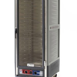 Explore the Metro C539-MXFC-U-GYA C5 3 Series Cabinet, a full-height, stainless steel warming unit with clear glass doors and flexible wire slides. It operates at 220-240V and features bottom-front control knobs for easy temperature adjustments.