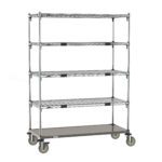 The Metro ECN45CA Cart includes a metal shelving unit with four adjustable wire shelves, a sturdy galvanized steel bottom shelf (21 x 48), and a wheeled base. The silver frame and grid-patterned shelves are enhanced by gray and black wheels for easy movement.