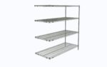 The Metro AN566C Super Erecta Wire Shelving Add-On Unit, in chrome, measures 24 x 60 x 63. It has adjustable shelves with a grid pattern on vertical posts, creating an open structure without a back or sides.