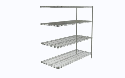 The Metro AN566C Super Erecta Wire Shelving Add-On Unit, in chrome, measures 24 x 60 x 63. It has adjustable shelves with a grid pattern on vertical posts, creating an open structure without a back or sides.