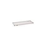 The Metro Super Erecta 1436NK4 Industrial Wire Shelf in Metroseal Gray Epoxy, 14 x 36, features a sleek rectangular grid pattern and silver finish. Captured from a slightly elevated angle, its elegant design contrasts against a plain white background.