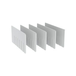 The Metro FL145 Additional Short Dividers for Flexline and Lifeline FL142 6 Egg Crate-Style, arranged diagonally in a 5-pack set, feature four sleek white rectangular dividers with slotted edges on a pristine white backdrop.