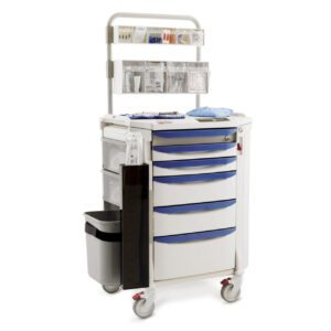 The Metro FLXANES1 Flexline Anesthesia Cart includes five blue drawers, a side-mounted trash bin, and a top organizer with clear pouches. It is equipped with wheels for easy movement in medical settings.