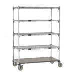 The Metro ECN55CA Super Adjustable Super Erecta Par Level Cart, with its 24 x 48 shelves and galvanized steel bottom shelf, offers a five-level design on wheels perfect for organizing your garage, warehouse, or kitchen.
