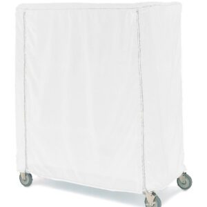 A white rectangular laundry cart with a Metro 18X36X54VUC Uncoated Polyester Cover for 18 x 36 x 54 shelving, featuring a Velcro closure and visible edge stitching, rests on four wheels, angled slightly to the right.