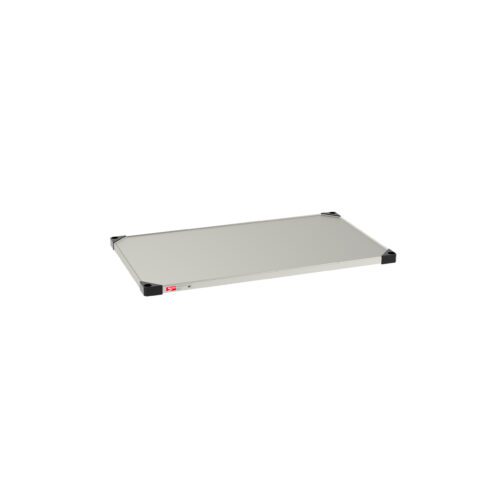 jp402wz77v93eped9kg5bvp83u7k3pbt.jpg The Metro 2442FS Super Erecta Solid Shelf, made of standard stainless steel and measuring 24 x 42, features a sleek design with a silver finish, black corners, and a small red label.