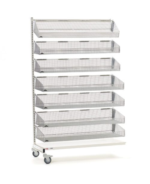 The Metro QB148-M7A qwikSIGHT Mobile Add-On is a tall, silver mesh unit with wheels, featuring 7 angled shelves for easy access and display. It measures 48 L and includes four caster wheels for enhanced mobility.