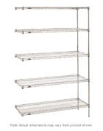 The Metro 5AN517BR Super Erecta Add-On Unit, Brite, offers a sturdy metal build, five adjustable shelves, and four support posts with dimensions of 24 x 24 x 74. Perfect for versatile storage needs. Actual dimensions may vary.