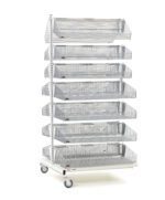 The Metro QB236-M14A qwikSIGHT Mobile Double-Sided 14-Basket Shelving Add-On Unit is a tall, wheeled storage or display solution featuring multiple perforated metal baskets, a sleek white base, and a lightweight 36 L frame for easy mobility.
