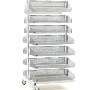 The Metro QB236-M14A qwikSIGHT Mobile Double-Sided 14-Basket Shelving Add-On Unit is a tall, wheeled storage or display solution featuring multiple perforated metal baskets, a sleek white base, and a lightweight 36 L frame for easy mobility.